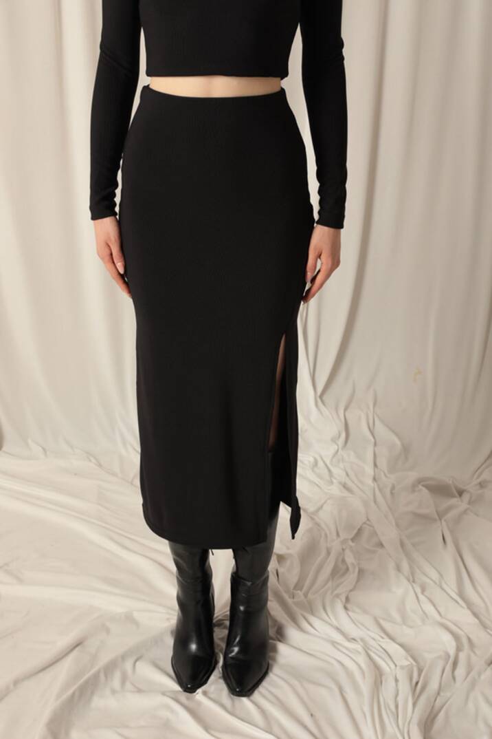 Ottoman Kumaş Yırtmaçlı Kadın Siyah Etek - 4