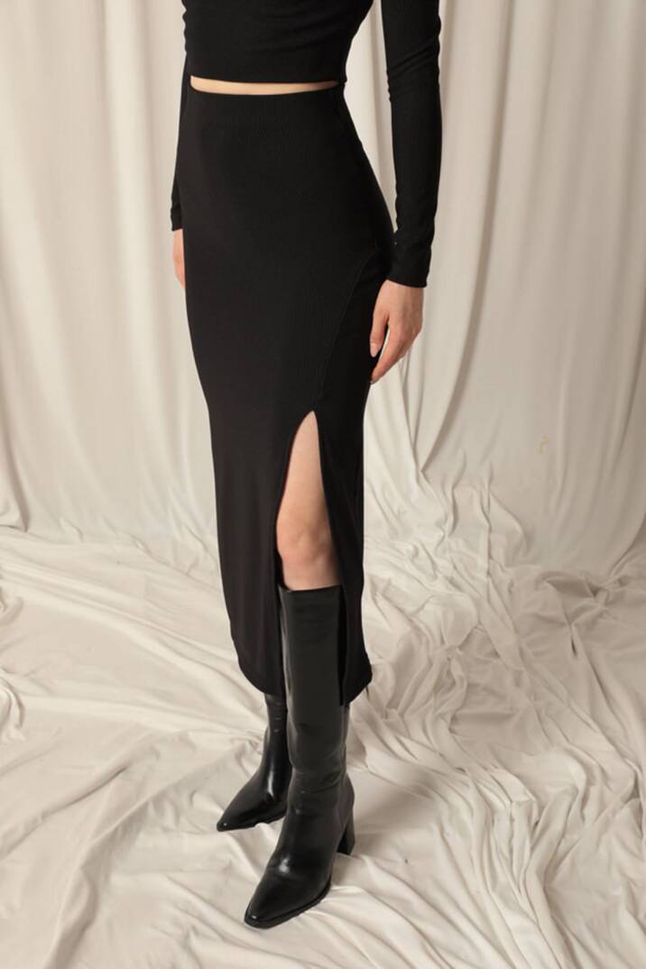 Ottoman Kumaş Yırtmaçlı Kadın Siyah Etek - 5