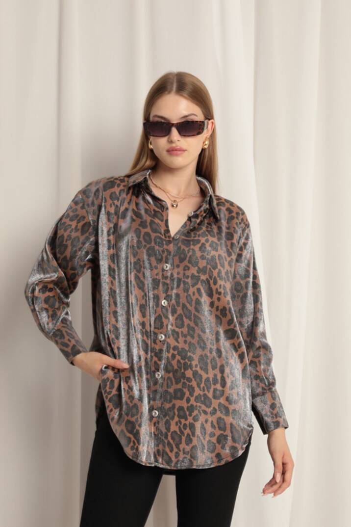 Parlak Kumaş Kadın Leopar Desen Gömlek-Kahve - 2
