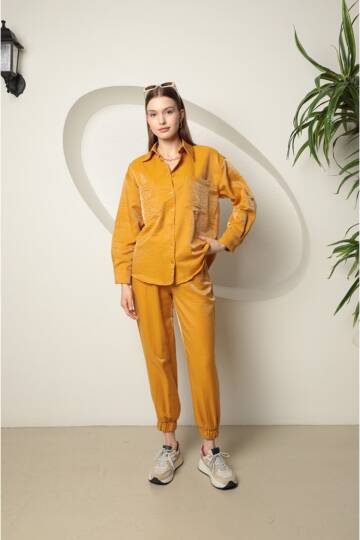 Parlak Kumaş Kadın Takım-Hardal - 2