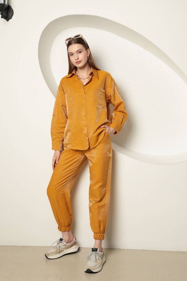 Parlak Kumaş Kadın Takım-Hardal - 3