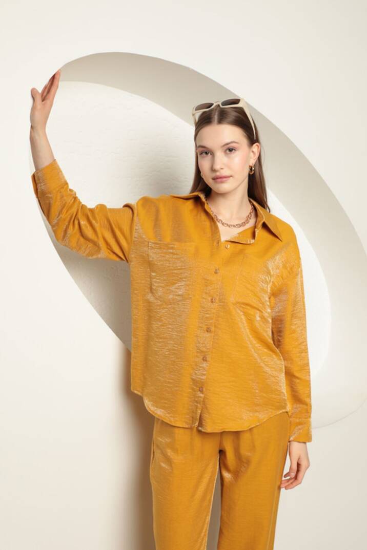 Parlak Kumaş Kadın Takım-Hardal - 4