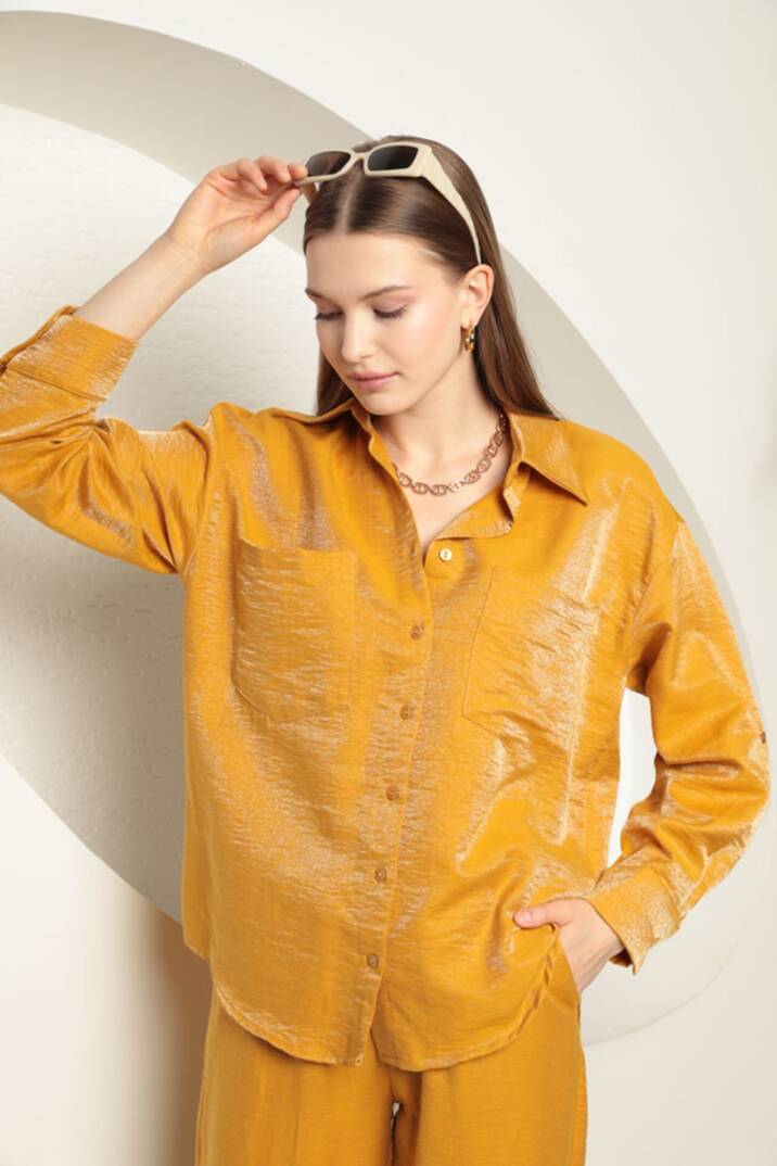 Parlak Kumaş Kadın Takım-Hardal - 5