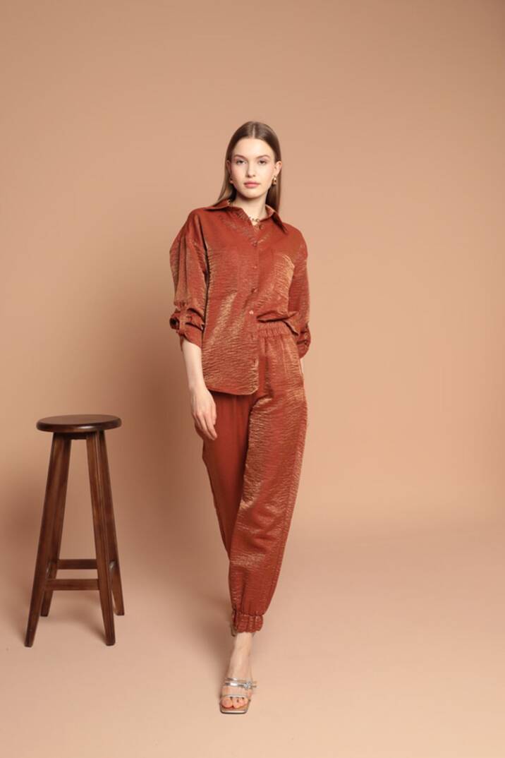 Parlak Kumaş Kadın Takım-Kahve - 4