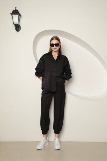 Parlak Kumaş Kadın Takım-Siyah - 3