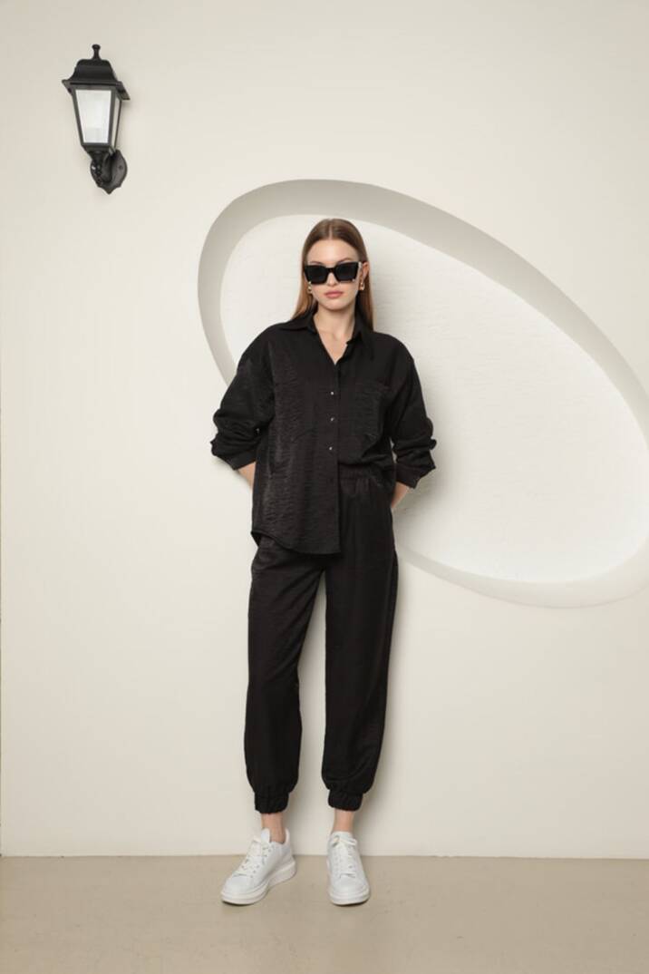 Parlak Kumaş Kadın Takım-Siyah - 3