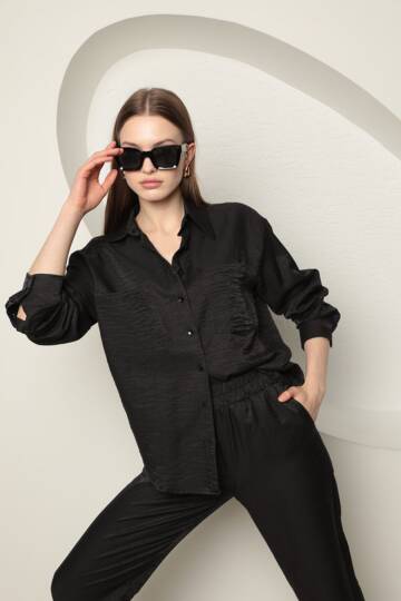 Parlak Kumaş Kadın Takım-Siyah - 5