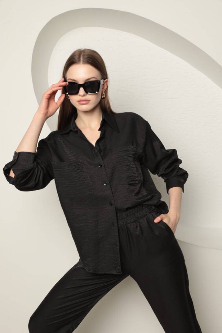 Parlak Kumaş Kadın Takım-Siyah - 5