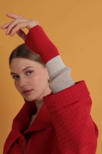 Petek Kumaş Kolu Ribana Detaylı Kadın Hırka-Kırmızı - 2