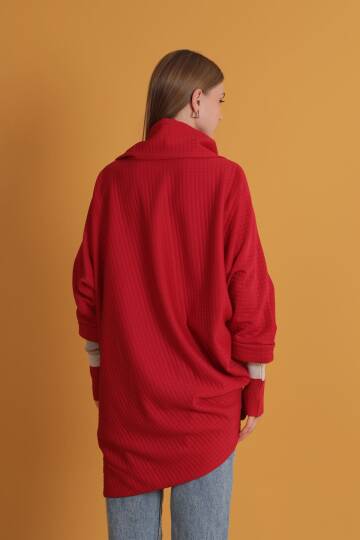 Petek Kumaş Kolu Ribana Detaylı Kadın Hırka-Kırmızı - 3