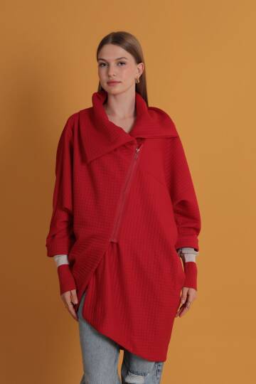 Petek Kumaş Kolu Ribana Detaylı Kadın Hırka-Kırmızı - 4