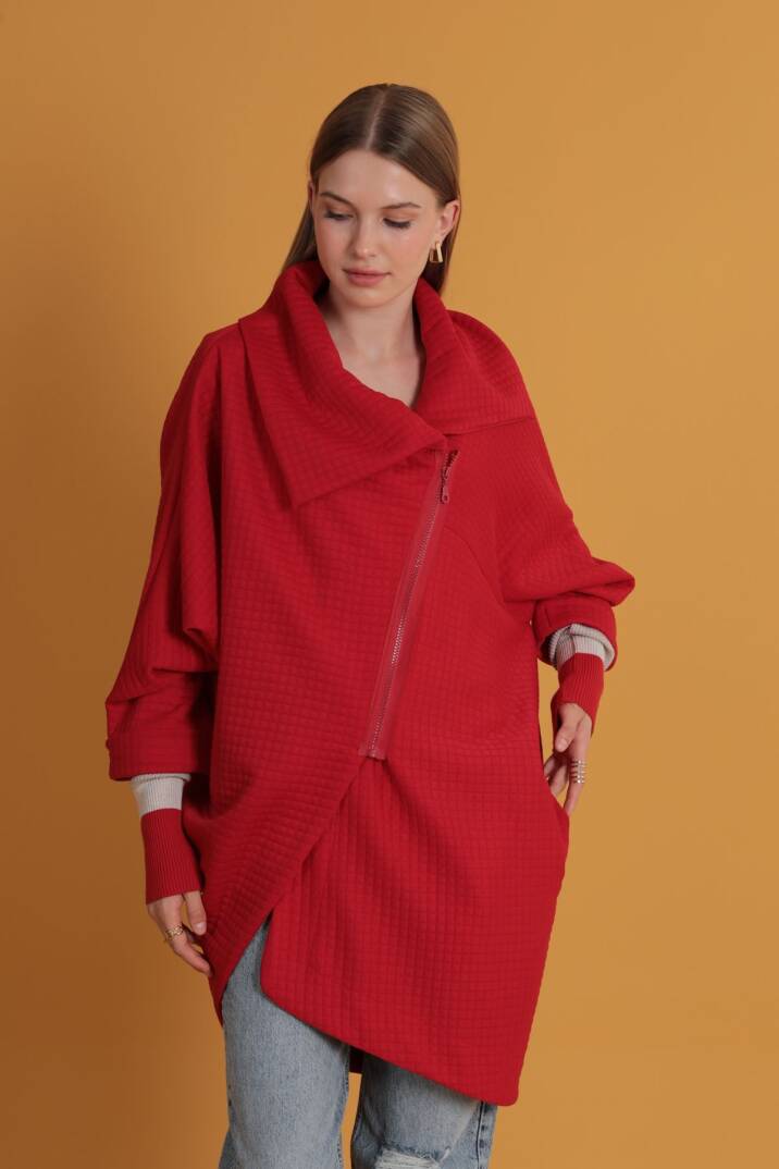 Petek Kumaş Kolu Ribana Detaylı Kadın Hırka-Kırmızı - 5