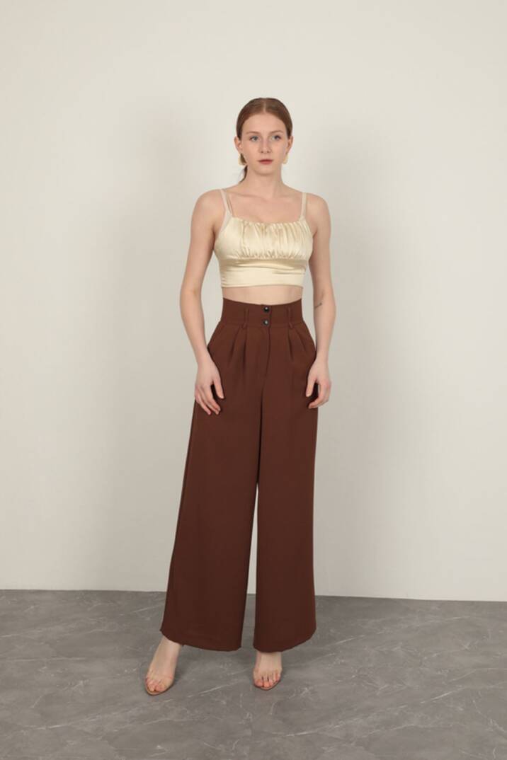 Poliviskon Kumaş Kadın Pantolon-Kahve - 1