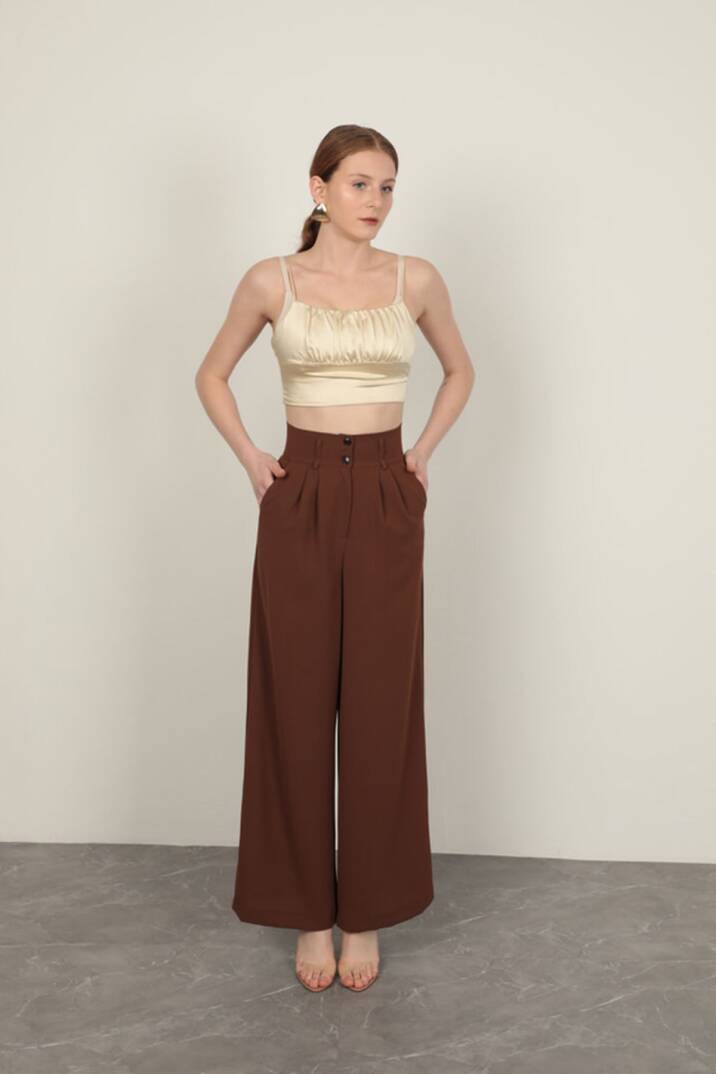 Poliviskon Kumaş Kadın Pantolon-Kahve - 3