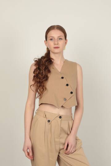 Poliviskon Kumaş Taş Kadın Yelek Takım - 3