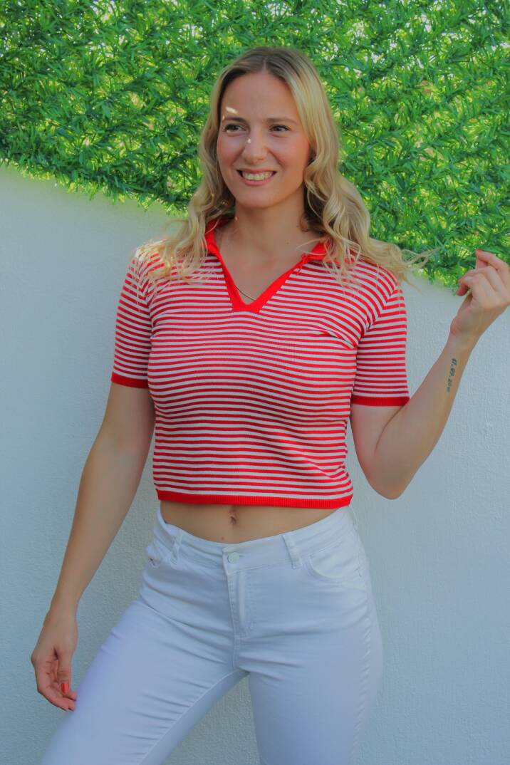 Polo Yaka Çizgili Tişört Kırmızı - 140.055 - 1