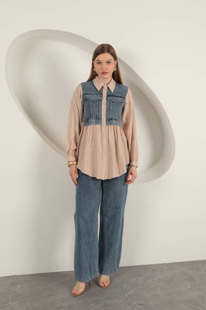 Poplin Kumaş Kot Garnili Bej Kadın Gömlek - 3