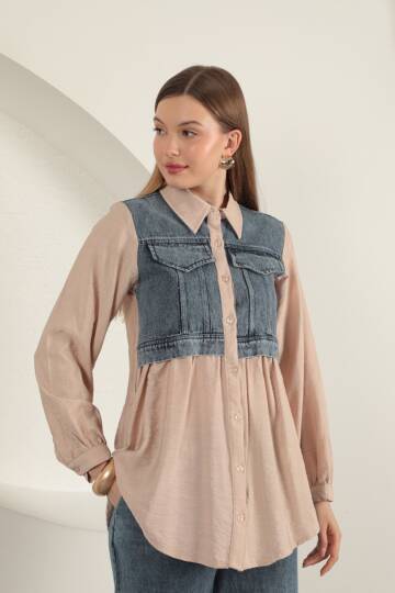 Poplin Kumaş Kot Garnili Bej Kadın Gömlek - 5