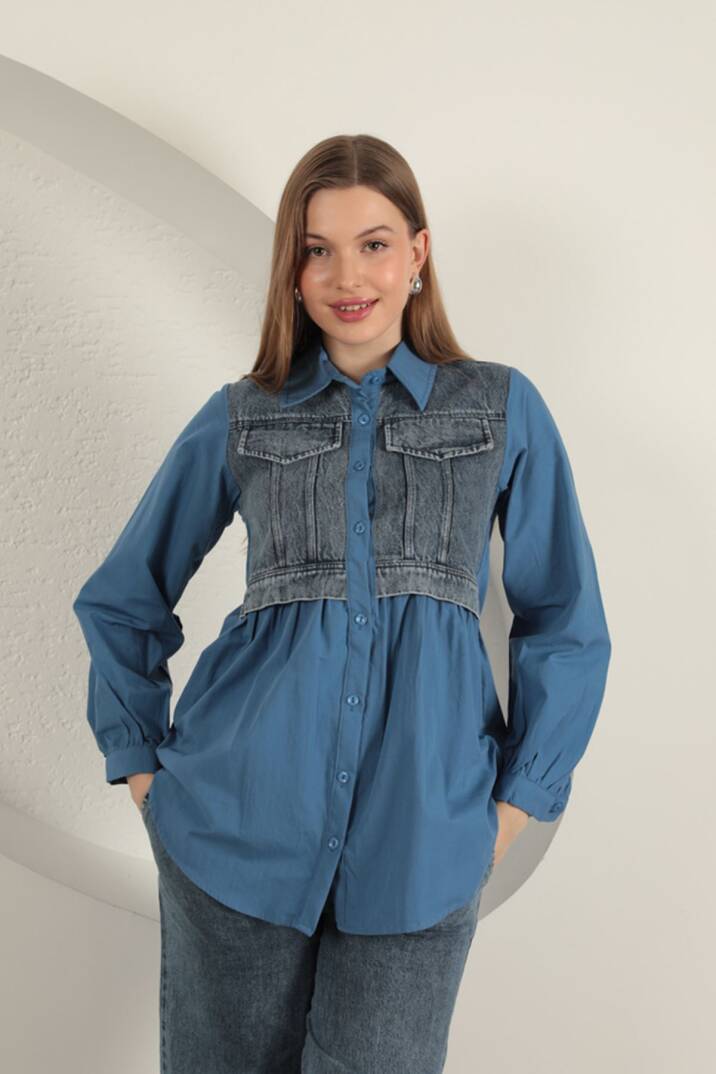 Poplin Kumaş Kot Garnili İndigo Kadın Gömlek - 1