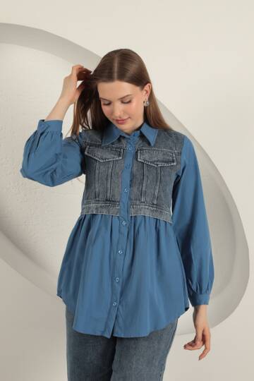 Poplin Kumaş Kot Garnili İndigo Kadın Gömlek - 2