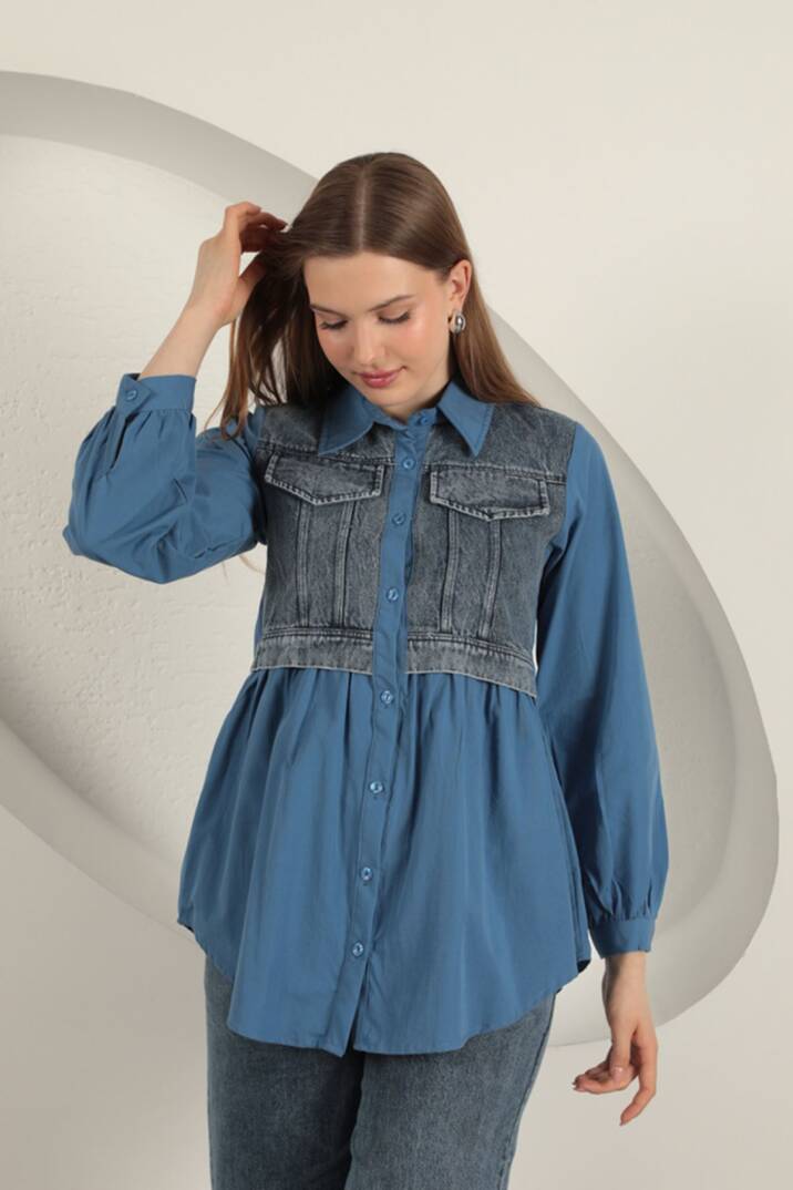 Poplin Kumaş Kot Garnili İndigo Kadın Gömlek - 2