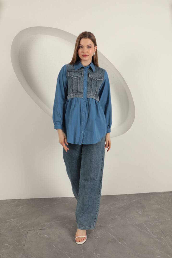 Poplin Kumaş Kot Garnili İndigo Kadın Gömlek - 3