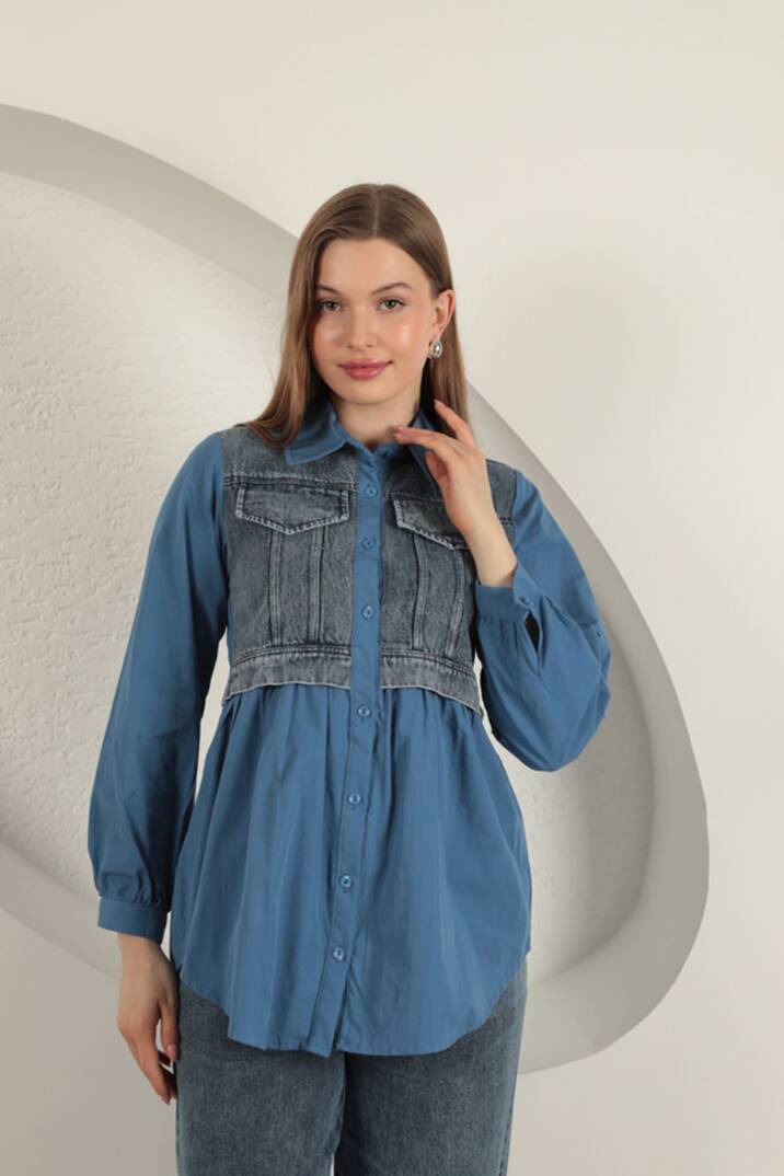 Poplin Kumaş Kot Garnili İndigo Kadın Gömlek - 4