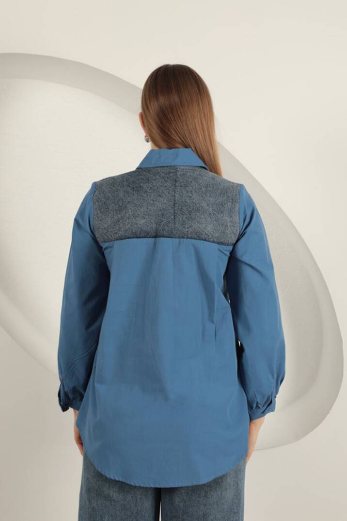 Poplin Kumaş Kot Garnili İndigo Kadın Gömlek - 5