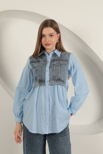 Poplin Kumaş Kot Garnili Mavi Kadın Gömlek