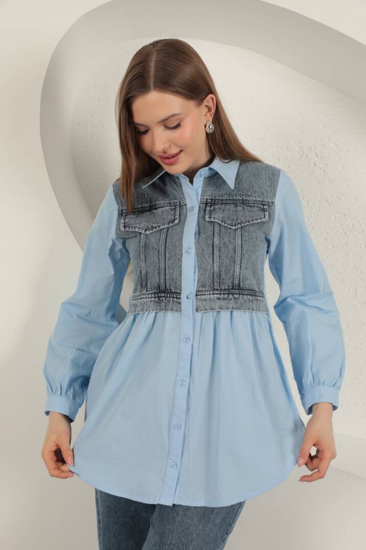 Poplin Kumaş Kot Garnili Mavi Kadın Gömlek - 2