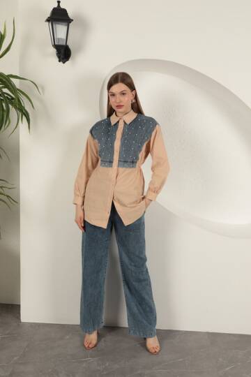 Poplin Kumaş Önü İnci Detaylı Bej Kadın Gömlek - 2