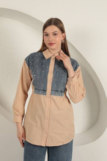 Poplin Kumaş Önü İnci Detaylı Bej Kadın Gömlek - 3