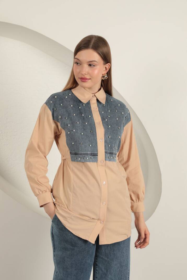 Poplin Kumaş Önü İnci Detaylı Bej Kadın Gömlek - 4