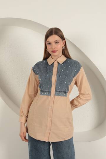 Poplin Kumaş Önü İnci Detaylı Bej Kadın Gömlek - 5