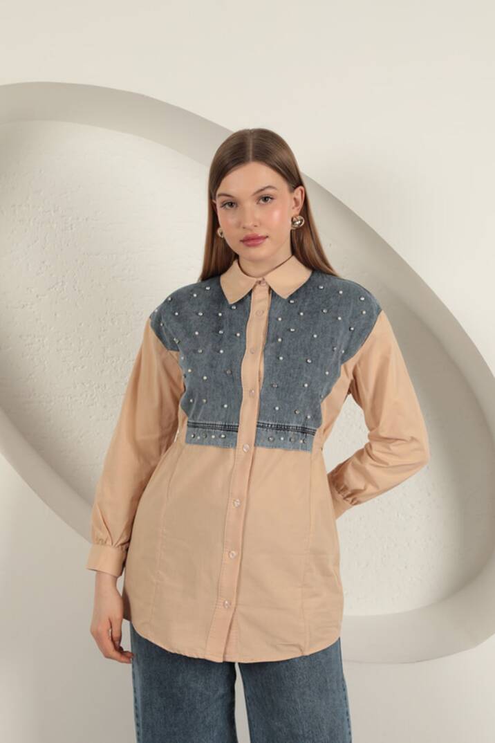 Poplin Kumaş Önü İnci Detaylı Bej Kadın Gömlek - 5