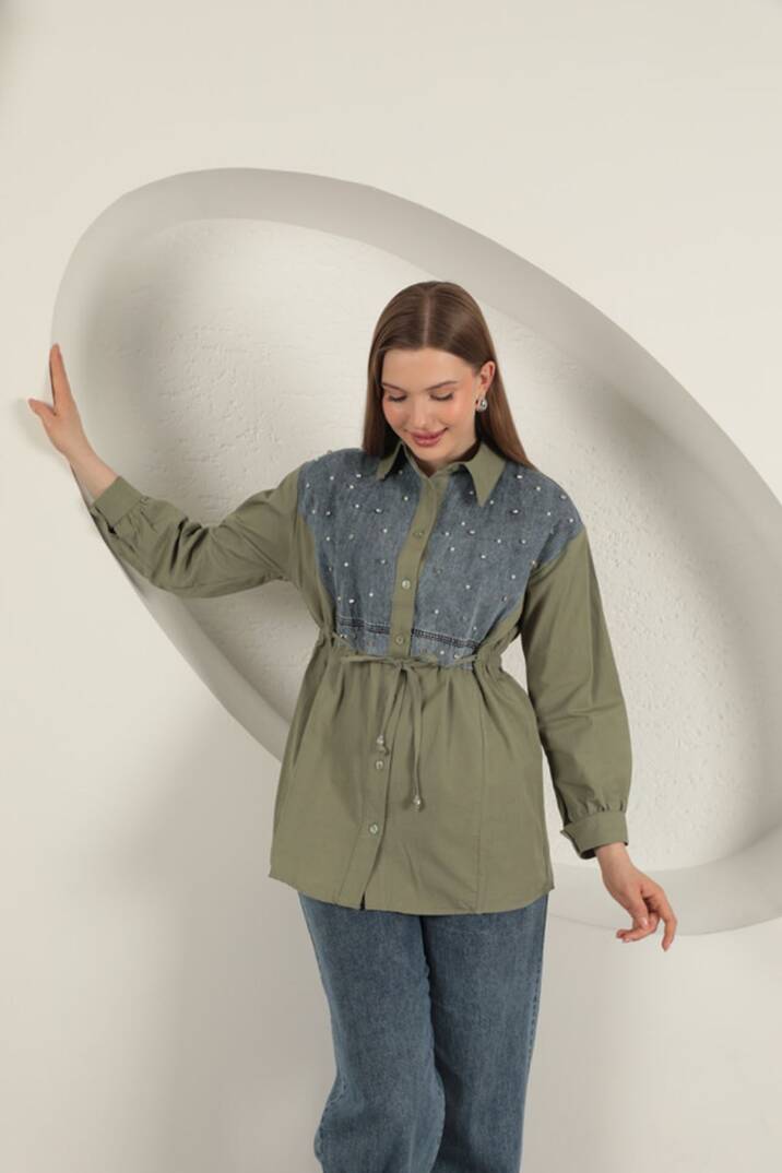 Poplin Kumaş Önü İnci Detaylı Haki Kadın Gömlek - 1
