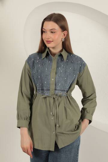 Poplin Kumaş Önü İnci Detaylı Haki Kadın Gömlek - 2