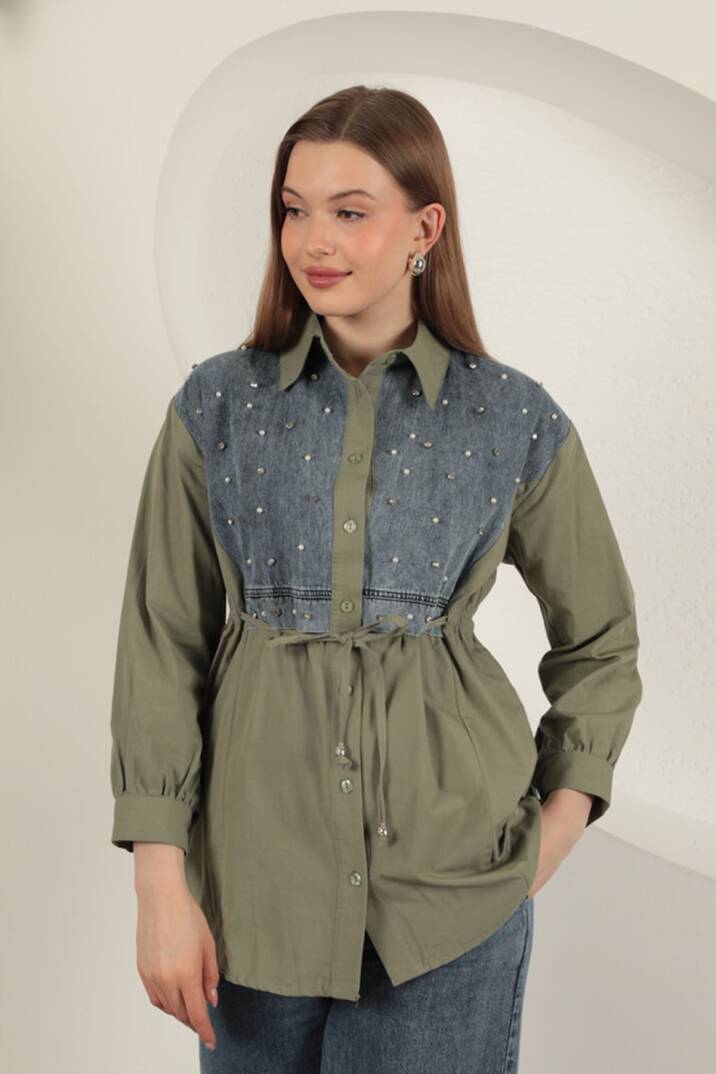 Poplin Kumaş Önü İnci Detaylı Haki Kadın Gömlek - 2