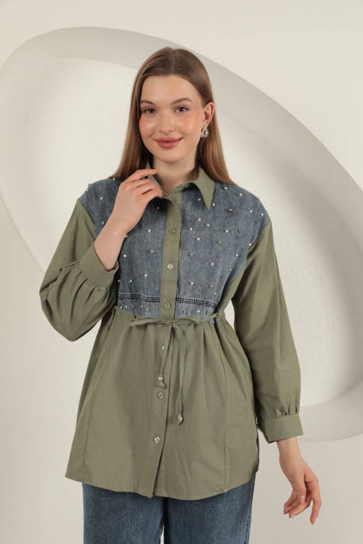 Poplin Kumaş Önü İnci Detaylı Haki Kadın Gömlek - 3