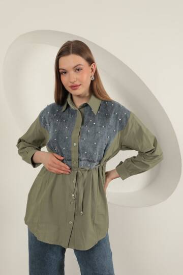 Poplin Kumaş Önü İnci Detaylı Haki Kadın Gömlek - 4