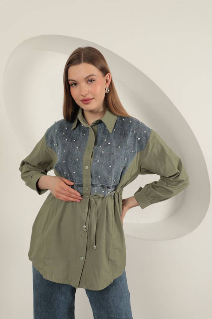 Poplin Kumaş Önü İnci Detaylı Haki Kadın Gömlek - 4