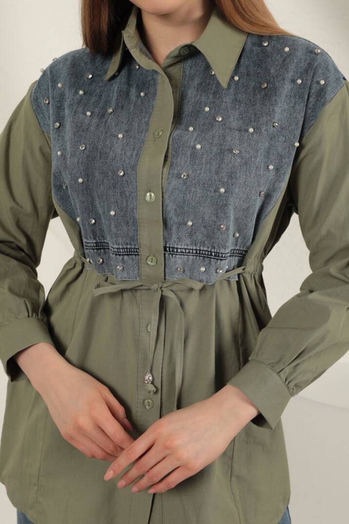Poplin Kumaş Önü İnci Detaylı Haki Kadın Gömlek - 5