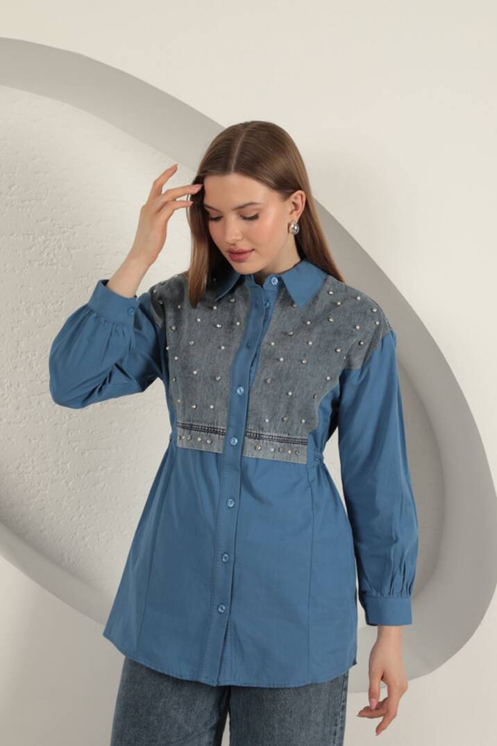 Poplin Kumaş Önü İnci Detaylı İndigo Kadın Gömlek - 1
