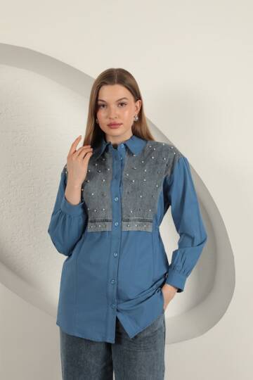 Poplin Kumaş Önü İnci Detaylı İndigo Kadın Gömlek - 2