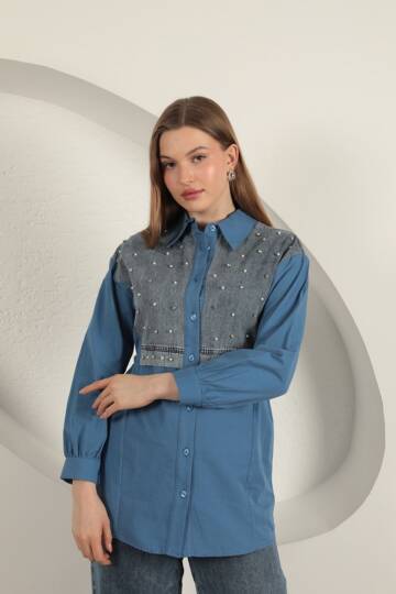 Poplin Kumaş Önü İnci Detaylı İndigo Kadın Gömlek - 3