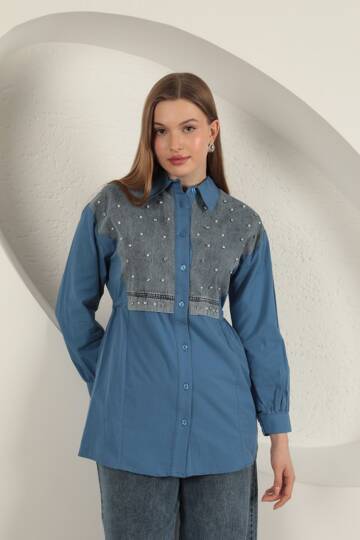 Poplin Kumaş Önü İnci Detaylı İndigo Kadın Gömlek - 4