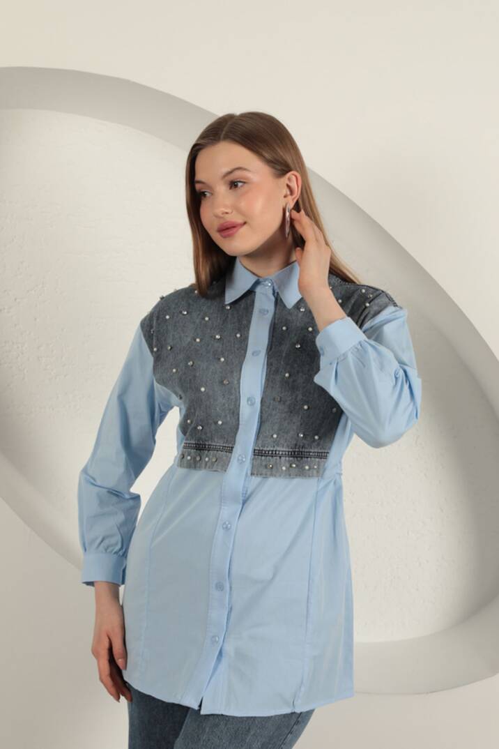 Poplin Kumaş Önü İnci Detaylı Mavi Kadın Gömlek - 2