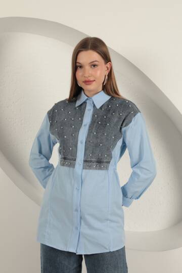 Poplin Kumaş Önü İnci Detaylı Mavi Kadın Gömlek - 3