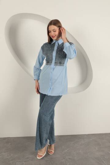 Poplin Kumaş Önü İnci Detaylı Mavi Kadın Gömlek - 4