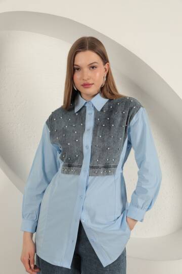 Poplin Kumaş Önü İnci Detaylı Mavi Kadın Gömlek - 5